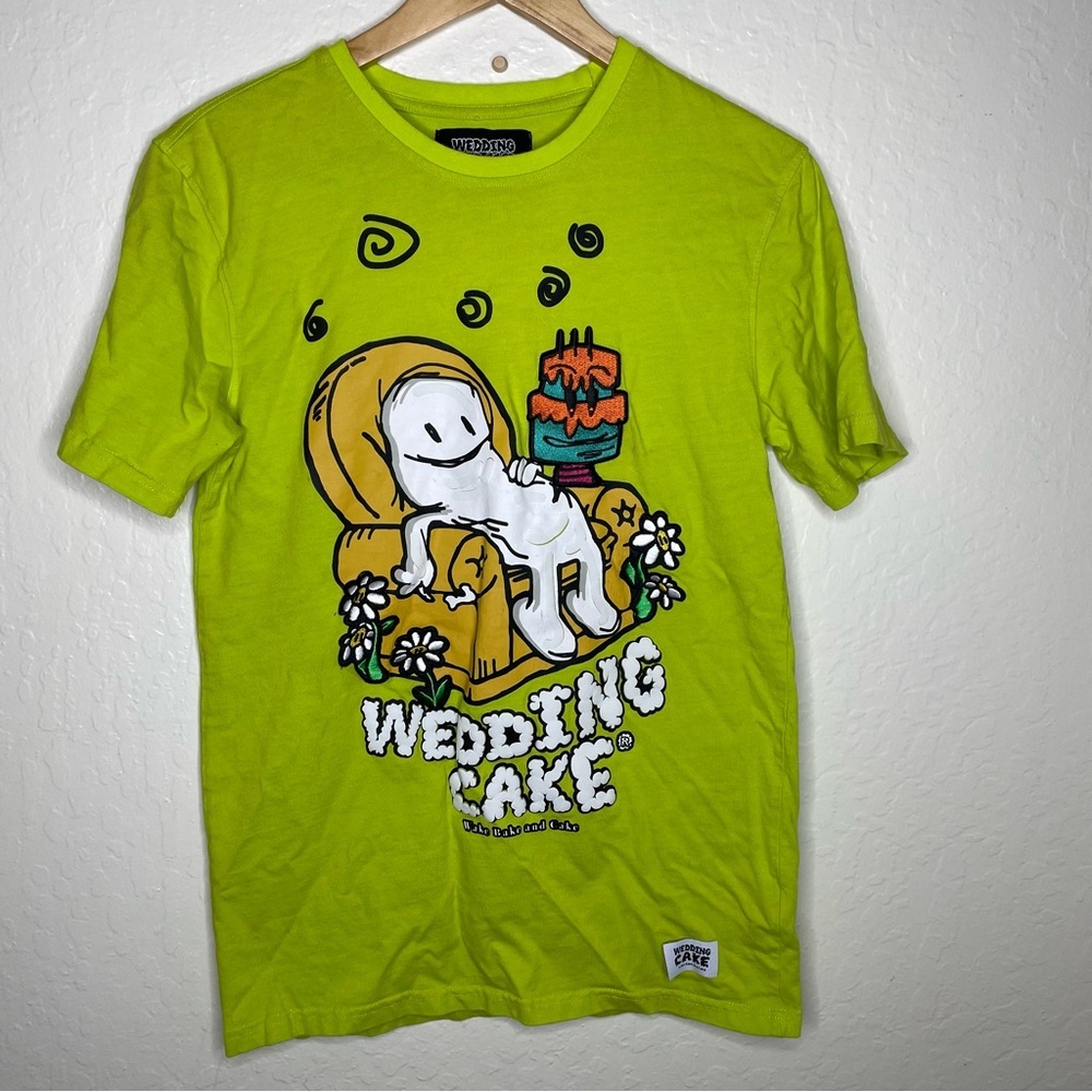 Wedding Cake Wake Bake And Cake Mens Small Graphic T-Shirt Lime Patches Smoke